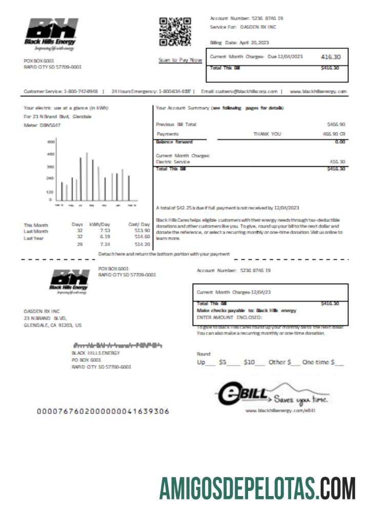 Projeto de lei de serviços públicos de energia de Black Hills, SCR amostra